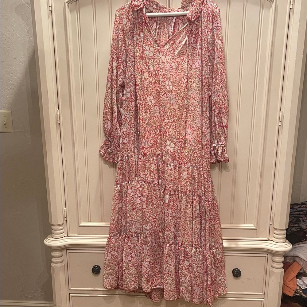 Free People Floral Long Sleeve Dress - Pink and Cream